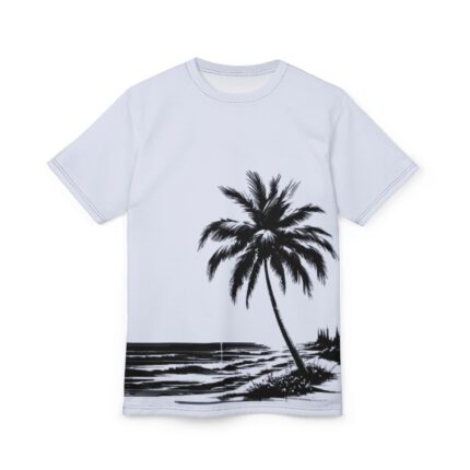 Palm Beach Scene T‑Shirt — Monochrome Tropical Beach Tee